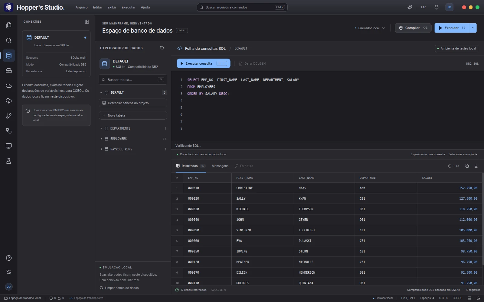 Consulta SQL e resultados em tabela no banco local do Entertime Hopper's Studio