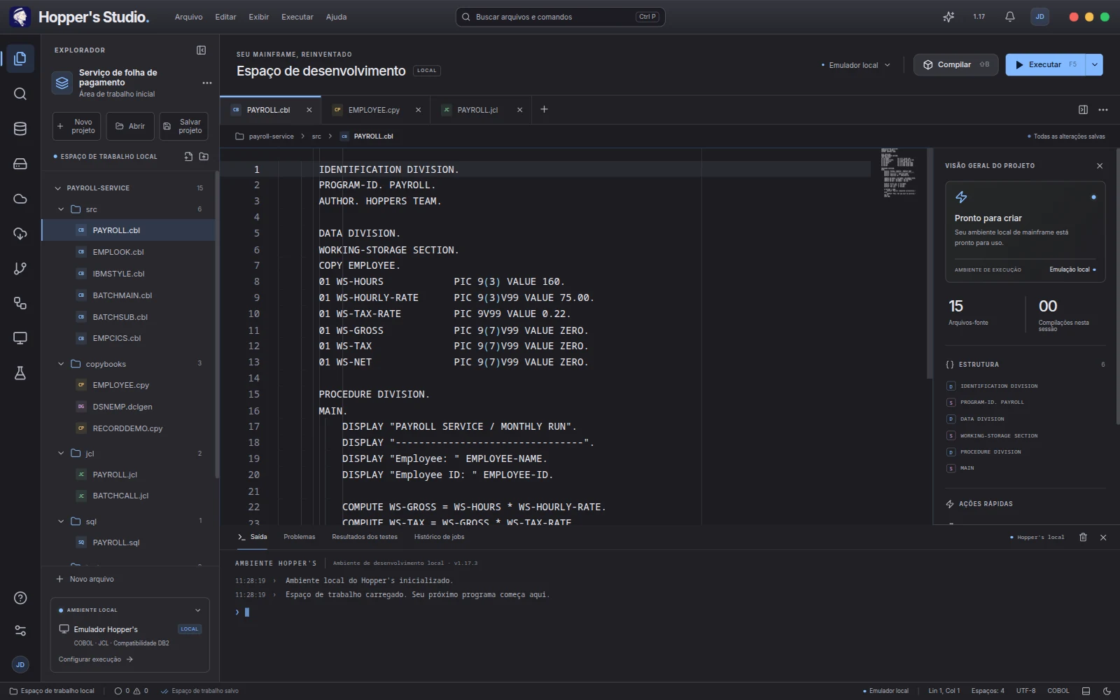 Entertime Hopper's Studio com editor COBOL, explorador de projeto e saída de execução em português brasileiro